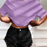 Camiseta Cropped Feminina de Malha Canelada Oversized com Ombro Caído e Manga Curta, Cor Sólida, Casual, Streetwear, para Festas de Verão e Uso Diário