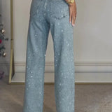 Calças de brim retas para mulheres calças de diamantes estiramento cintura alta lavado bolsos angustiados vintage denims streetwear calças femininas