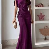 Casual o-pescoço drapeado vestidos vestido elegante altura cintura magro ajuste vestido de noite vestidos moda feminina temperamento sólido vestido longo