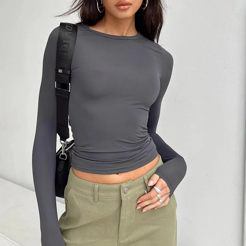 Camisetas casuais de manga comprida femininas, streetwear feminino, camiseta de base, pulôveres, tops slim fit, monocromáticas, primavera, outono