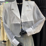 Blazers femininos design de fenda traseira à prova de sol transparente casual ins moda coreana verão outerwear recortado na moda harajuku chique