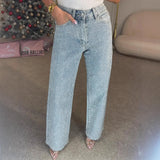 Calças de brim retas para mulheres calças de diamantes estiramento cintura alta lavado bolsos angustiados vintage denims streetwear calças femininas