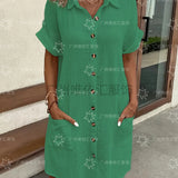 Vestidos Casuais Femininos, Vestido de Cor Sólida, Pullover de Comprimento Médio, Vestido Solto de Manga Curta, Roupas Femininas de Verão