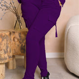 Calça de carga longa feminina, sexy slim fit, cordão casual, bolso com botões de emenda, calça reta, renda para cima, cintura elástica alta