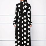Elegante vestido longo com nó arco para mulheres, veste feminina, bolinhas para senhora, vestidos maxi casuais, manga