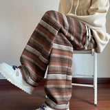 Calças de perna larga das mulheres dos homens outono inverno moda casual calças retas soltas esfregar calças harajuku vintage listrado preto/café
