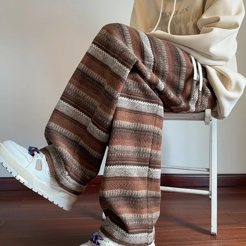 Calças de perna larga das mulheres dos homens outono inverno moda casual calças retas soltas esfregar calças harajuku vintage listrado preto/café