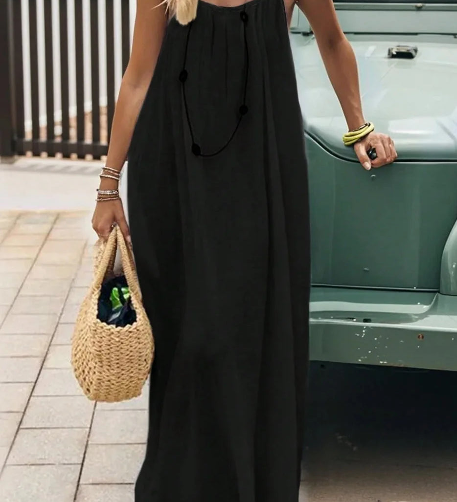 Vestido Casual Maxi 2026 Feminino Vestidos Estilo Simples Roupa de Casa Confortável Solto Cor Sólida Alça Costas Descobertas