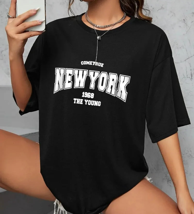 Camisetas oversized de 1968 The York Is Young Woman, camisetas criativas para o dia a dia, roupas streetwear, tops Y2K, roupas femininas
