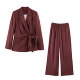 Conjuntos de blazer e calça comprida femininos ou blazer chique com cadarço para primavera ou calça casual de perna larga para mulheres.