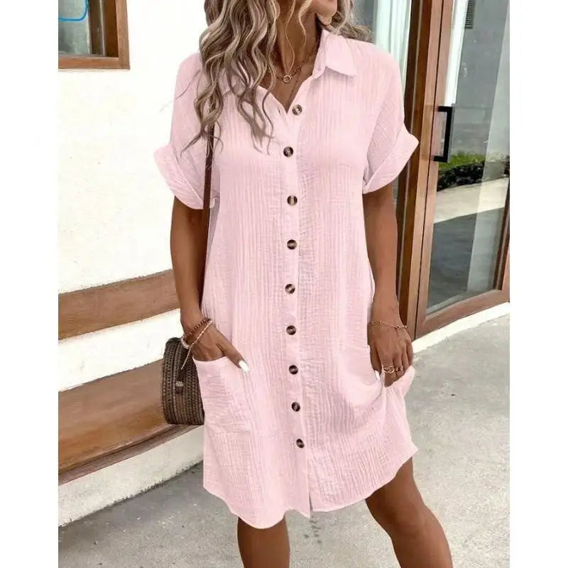 Vestidos Casuais Femininos, Vestido de Cor Sólida, Pullover de Comprimento Médio, Vestido Solto de Manga Curta, Roupas Femininas de Verão