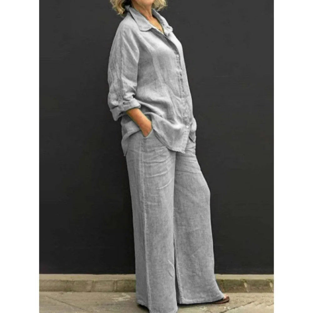 Conjunto de camisa casual feminina – roupa de escritório moderna de duas peças, blusa elegante e conjunto de calças para trabalho e uso diário