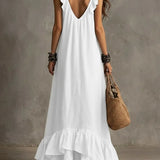 Vestido Casual Solto de Verão e Primavera, Cor Sólida, Elegante, Estilo Boêmio, Com Babados, Cintura Solta, Sem Mangas, Decote em V, Vestidos Longos
