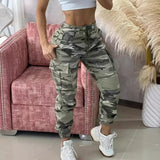 Calças de carga para mulheres camuflagem impressão cordão bolso design calça 2024 primavera casual cintura alta diário algemado calças compridas