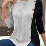 Camiseta com decoração de botão colorblock com nervuras, blusa casual de manga comprida para primavera e outono, roupas femininas