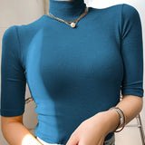 Camiseta básica feminina gola alta magro camiseta de manga curta camisetas femininas casual elasticidade branca camiseta femme mulher topo