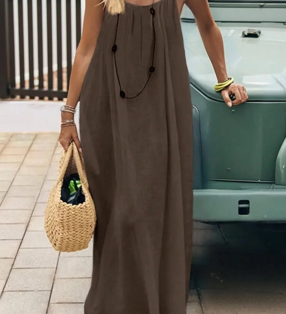 Vestido Casual Maxi 2026 Feminino Vestidos Estilo Simples Roupa de Casa Confortável Solto Cor Sólida Alça Costas Descobertas