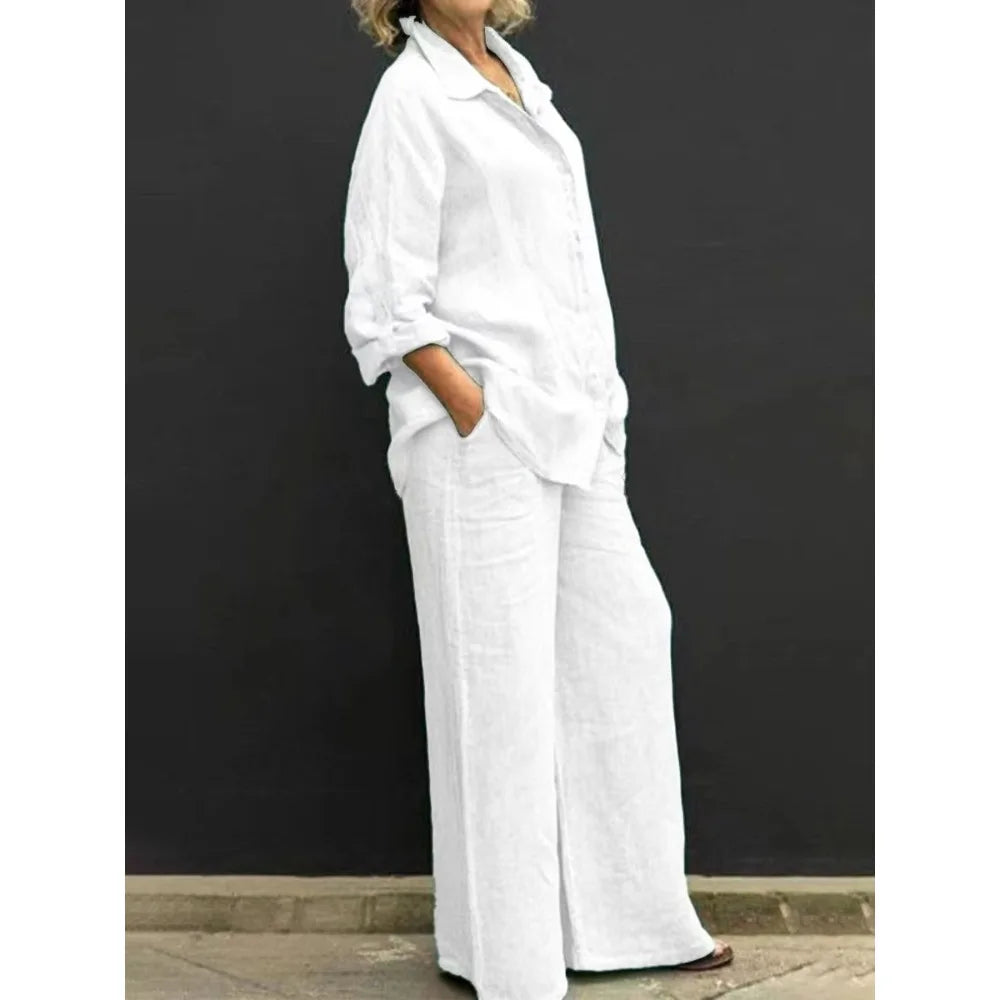 Conjunto de camisa casual feminina – roupa de escritório moderna de duas peças, blusa elegante e conjunto de calças para trabalho e uso diário