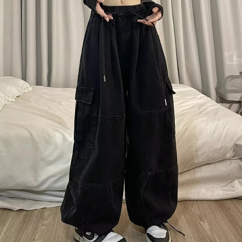 Calça japonesa de perna larga cargo, de cintura alta, solta, fina, reta, monocromática, feminina, de rua, básico, casual
