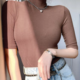 Camiseta básica feminina gola alta magro camiseta de manga curta camisetas femininas casual elasticidade branca camiseta femme mulher topo