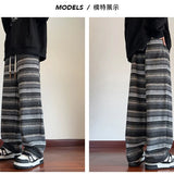 Calças de perna larga das mulheres dos homens outono inverno moda casual calças retas soltas esfregar calças harajuku vintage listrado preto/café