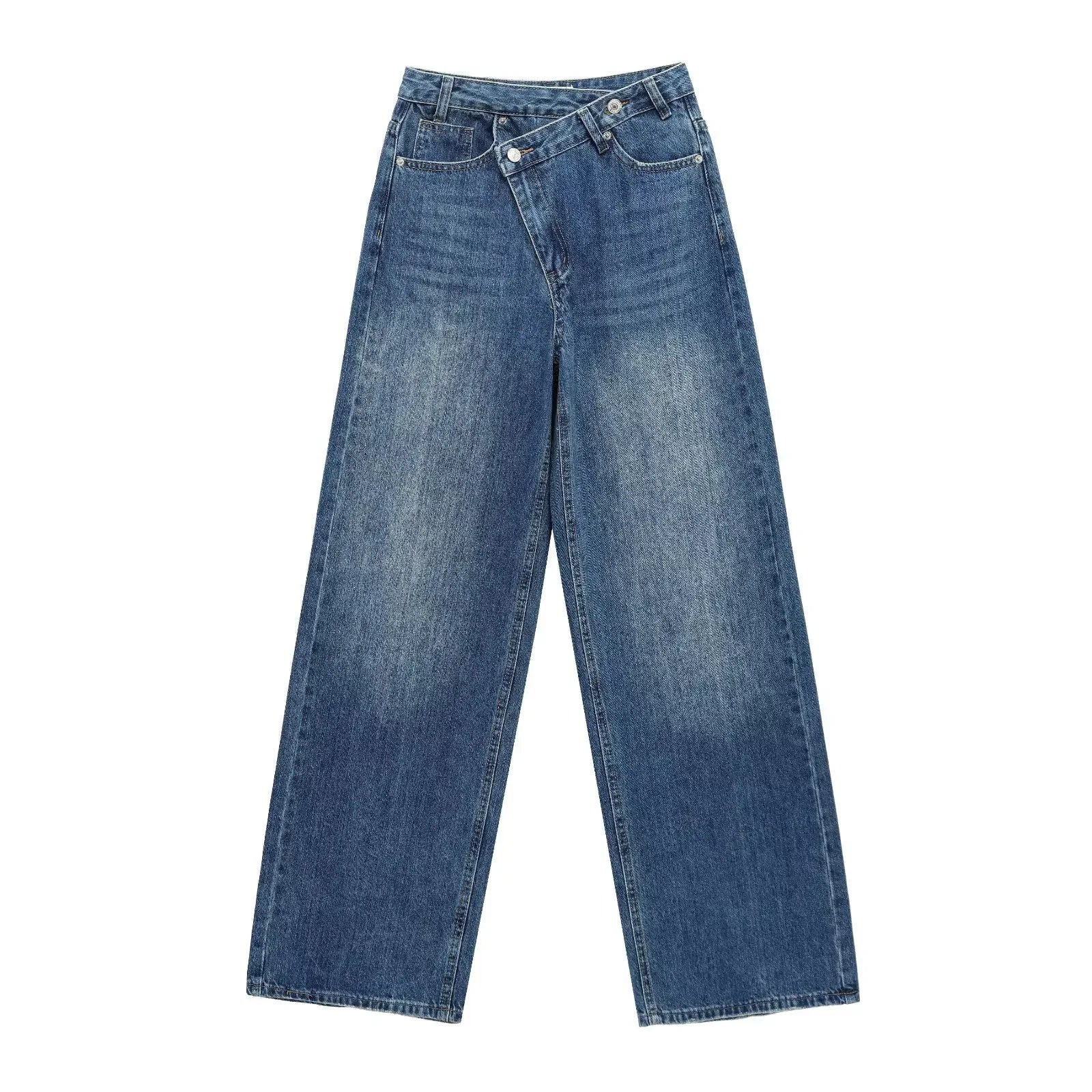 Hh feminino elegante moda reta jeans vintage casual cintura alta perna larga calças jeans y2k high street senhora calças jeans azuis