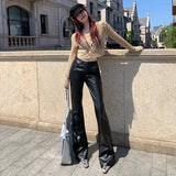 Calça alarde de couro PU preta feminina, calça de cintura alta, sexy, vintage, Harajuku, elástica, tamanho único, roupa elegante, venda G