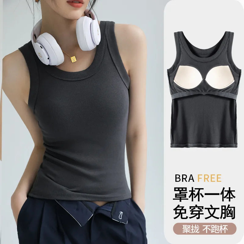Tops de malha com nervuras pescoço verão camisas básicas branco preto casual esporte colete fora do ombro regata feminina com almofada no peito