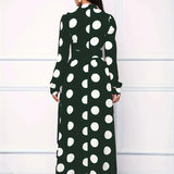 Elegante vestido longo com nó arco para mulheres, veste feminina, bolinhas para senhora, vestidos maxi casuais, manga