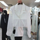 Blazers femininos design de fenda traseira à prova de sol transparente casual ins moda coreana verão outerwear recortado na moda harajuku chique