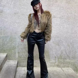 Calça alarde de couro PU preta feminina, calça de cintura alta, sexy, vintage, Harajuku, elástica, tamanho único, roupa elegante, venda G
