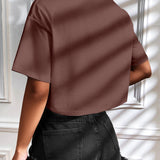 Camiseta Cropped Feminina de Malha Canelada Oversized com Ombro Caído e Manga Curta, Cor Sólida, Casual, Streetwear, para Festas de Verão e Uso Diário