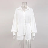 Casual solto feminino curto conjunto de duas peças terno moda blusa manga longa camisa senhora estilo simples shorts streetwear blusa topos