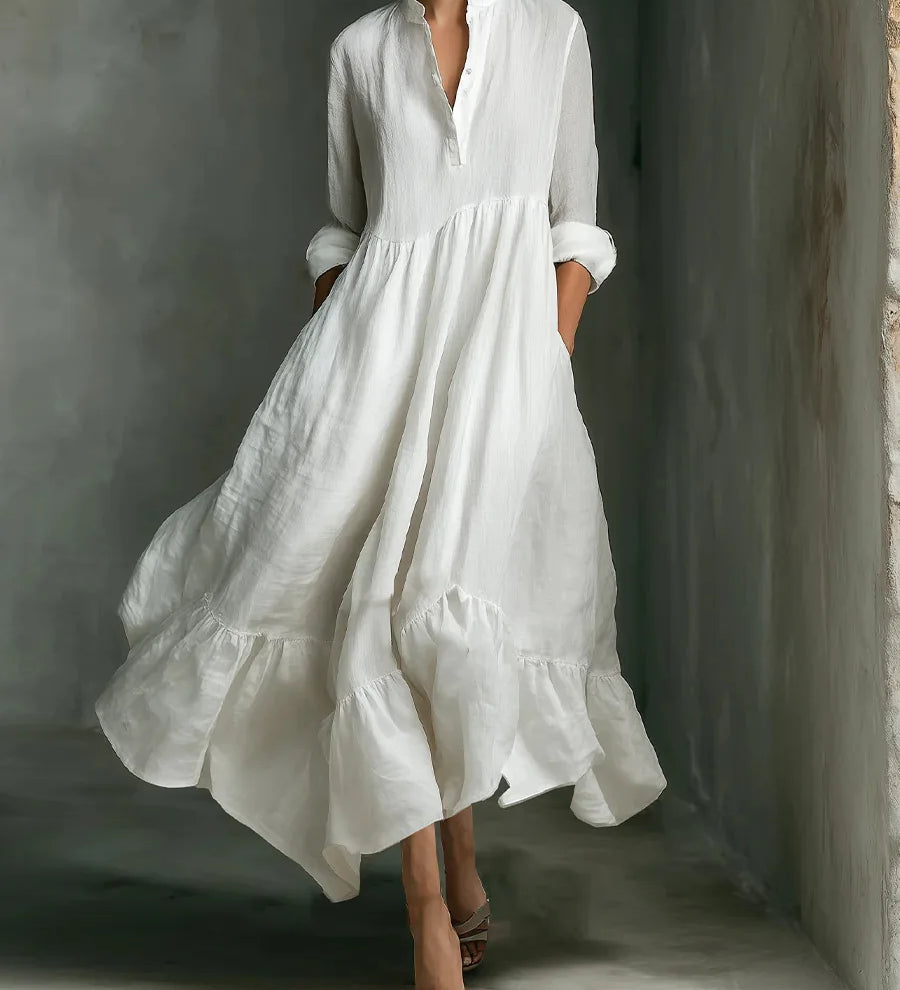 Vestidos Longos Casuais Brancos para Mulheres 2026: Vestido Maxi Elegante Solto com Manga Longa e Decote V em A