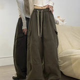 Calça japonesa de perna larga cargo, de cintura alta, solta, fina, reta, monocromática, feminina, de rua, básico, casual