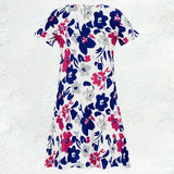 Vestido Casual A-Line com Estampa Floral para Mulheres, Decote em V, Manga Curta, Vestido de Verão, Padrão de Flores Azul, Vermelho e Branco, Vestido Midi 2024