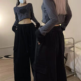 Calça japonesa de perna larga cargo, de cintura alta, solta, fina, reta, monocromática, feminina, de rua, básico, casual