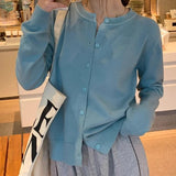 Cardigans e Suéteres Femininos 2026: Moda Coreana Casual, Quente, Primavera/Verão, Gola O, Manga Longa, Abotoamento Simples, Ajuste Slim, Tricôs e Blusas
