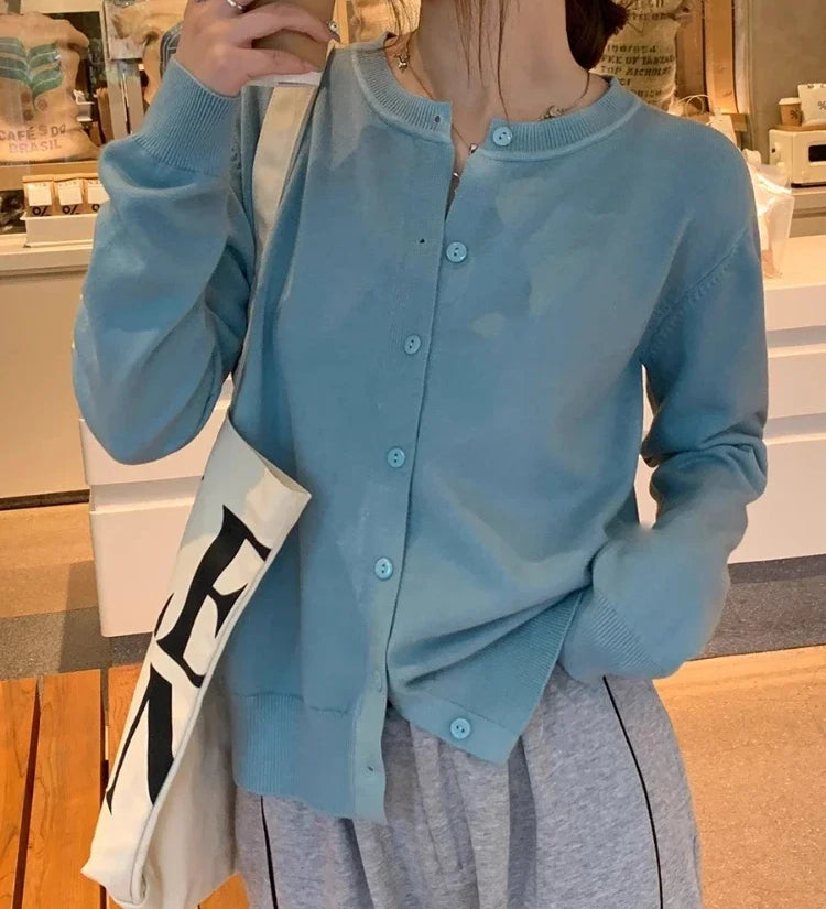 Cardigans e Suéteres Femininos 2026: Moda Coreana Casual, Quente, Primavera/Verão, Gola O, Manga Longa, Abotoamento Simples, Ajuste Slim, Tricôs e Blusas
