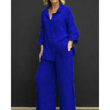 Conjunto de camisa casual feminina – roupa de escritório moderna de duas peças, blusa elegante e conjunto de calças para trabalho e uso diário