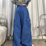 Calça japonesa de perna larga cargo, de cintura alta, solta, fina, reta, monocromática, feminina, de rua, básico, casual