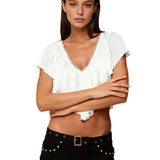 Blusas Cropped com Babados para Mulheres, Elegantes, em Cores Sólidas, com Detalhes em Renda e Decote em V com Amarração nas Costas