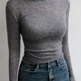Alta qualidade simples t camisa feminina elástica básica camisetas femininas casuais topos de manga longa sexy fina camiseta ver através