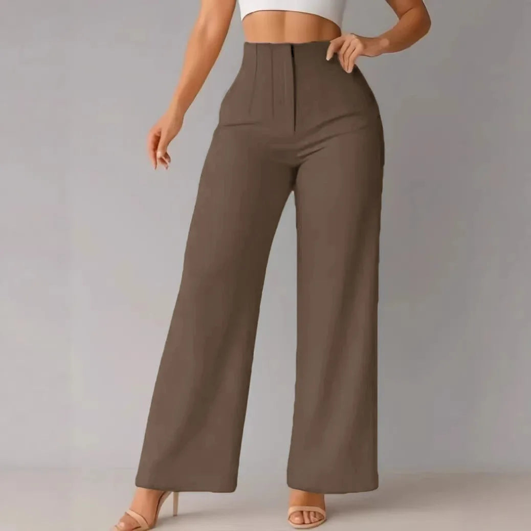 Calças Femininas de Cintura Alta com Pernas Largas, Elegantes e Sob Medida, Calças Retas para Trabalho no Escritório, Calças Casuais Confortáveis