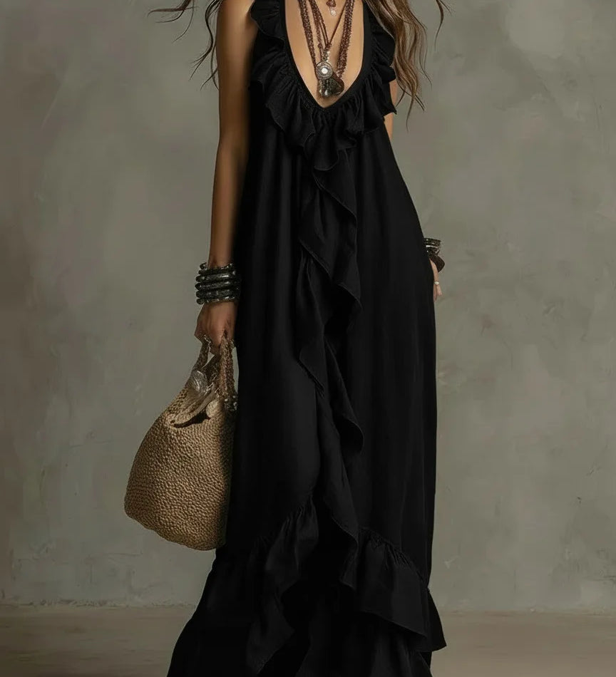 Vestido Casual Solto de Verão e Primavera, Cor Sólida, Elegante, Estilo Boêmio, Com Babados, Cintura Solta, Sem Mangas, Decote em V, Vestidos Longos