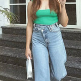 Hh feminino elegante moda reta jeans vintage casual cintura alta perna larga calças jeans y2k high street senhora calças jeans azuis