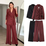 Conjuntos de blazer e calça comprida femininos ou blazer chique com cadarço para primavera ou calça casual de perna larga para mulheres.