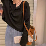 Camisetas femininas de manga comprida, tops de algodão minimalistas, ajuste relaxado, tecido elástico de grandes dimensões, confortável, macio, diário, outono retrô