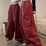 Calça japonesa de perna larga cargo, de cintura alta, solta, fina, reta, monocromática, feminina, de rua, básico, casual