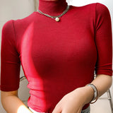 Camiseta básica feminina gola alta magro camiseta de manga curta camisetas femininas casual elasticidade branca camiseta femme mulher topo